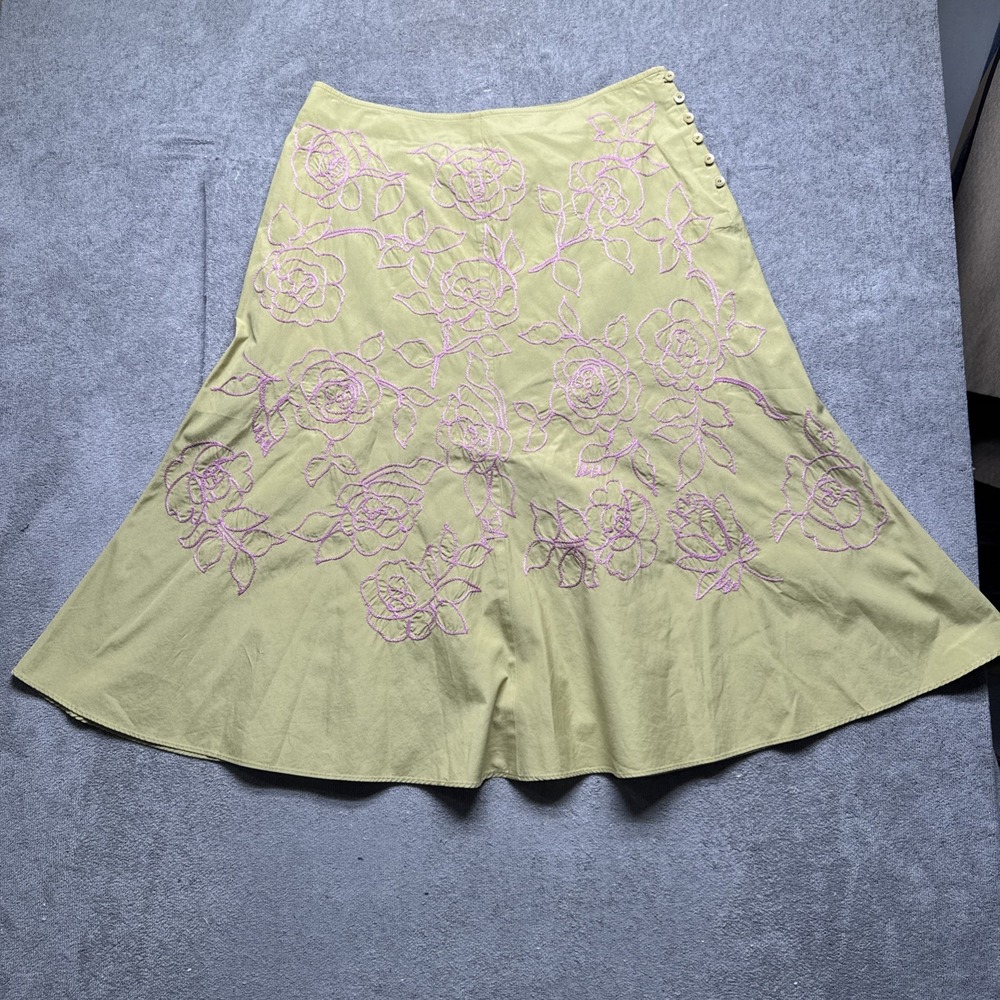 Y2K J Jill Green Cotton‎ Embroidered Floral Skirt Women's 8 Cottagecore Boho